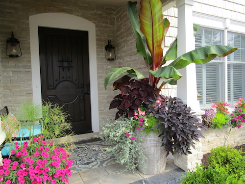 Seasonal landscape colors featured in planters on front porch