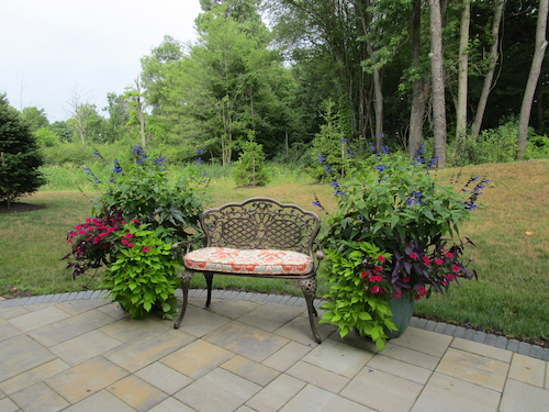 Seasonal landscape colors featured in planters framing a bench on a patio