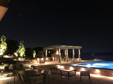 Outdoor lighting provides color and visual interest even after the sun sets