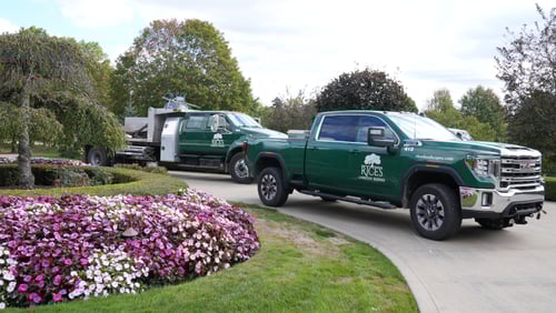 Landscape services technician working on lawn.